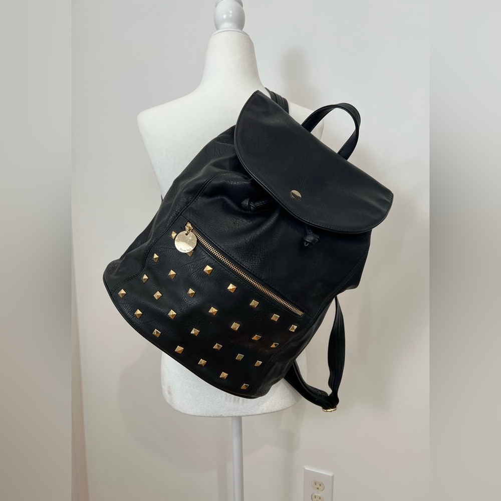 Black Faux Leather Backpack with Gold Studs